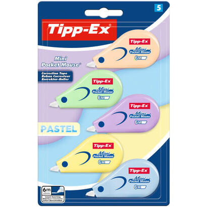 tipp-ex-mini-pocket-mouse-pastel-pack-con-5-cintas-correctoras-5mm-x-6m-resistente-escritura-instantanea