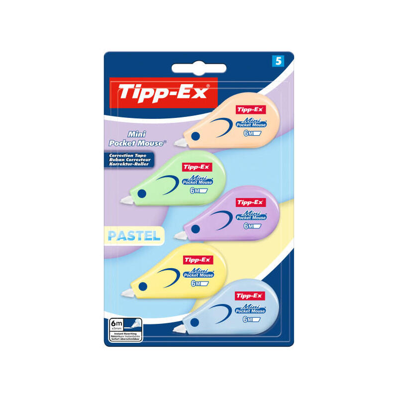 tipp-ex-mini-pocket-mouse-pastel-pack-con-5-cintas-correctoras-5mm-x-6m-resistente-escritura-instantanea