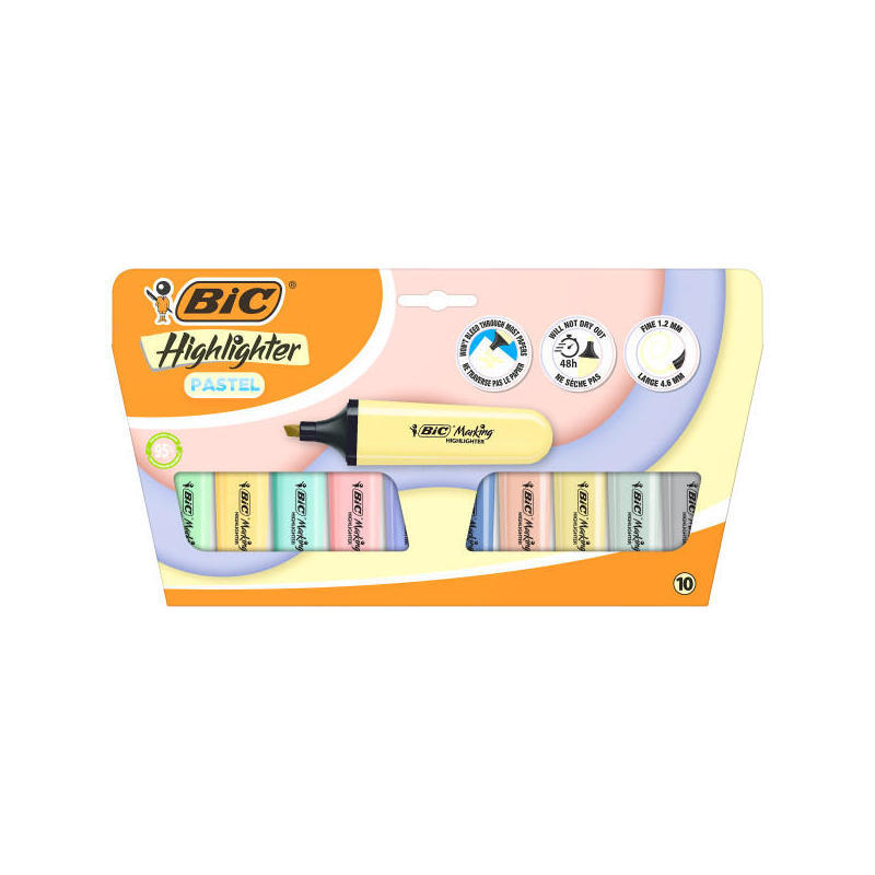 bic-marking-highlighter-flat-pastel-pack-de-10-marcadores-fluorescentes-punta-biselada-trazo-entre-120-y-460-mm-