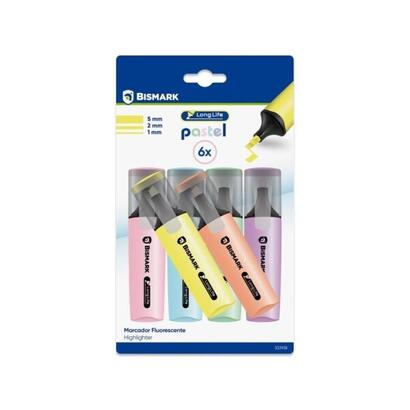 bismark-long-life-pack-de-6-marcadores-fluorescente-pastel-tinta-de-secado-rapido-punta-biselada-ideal-para