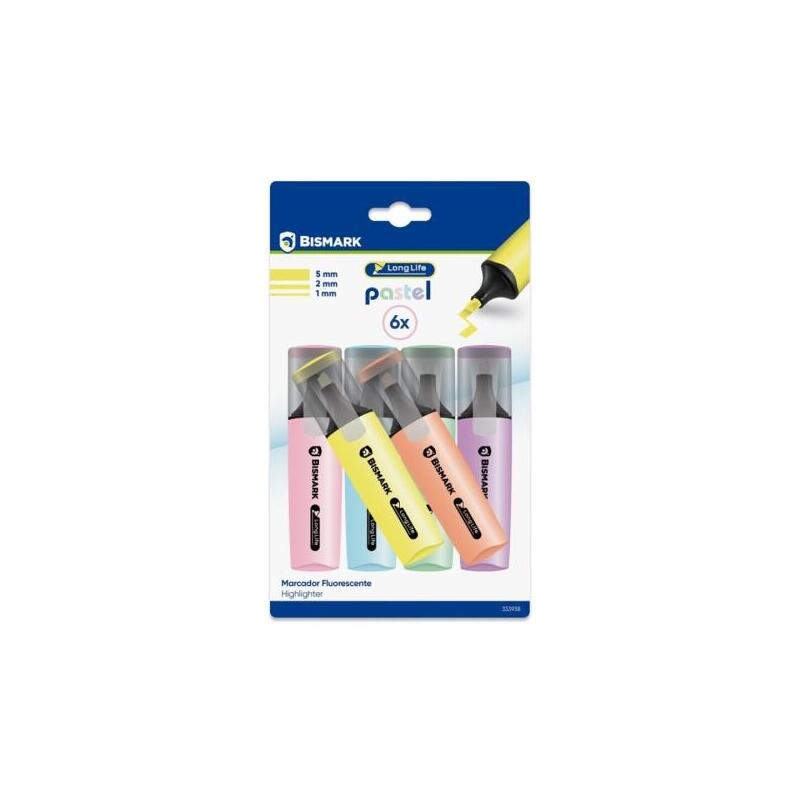 bismark-long-life-pack-de-6-marcadores-fluorescente-pastel-tinta-de-secado-rapido-punta-biselada-ideal-para