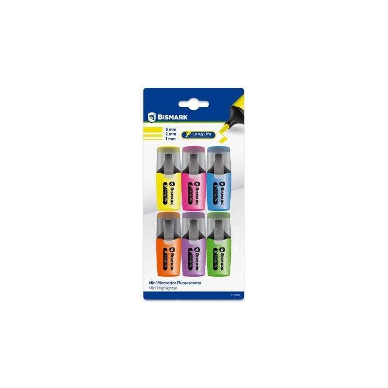 bismark-long-life-pack-de-6-mini-marcadores-fluorescentes-neon-tinta-de-secado-rapido-punta-biselada-ideal-para