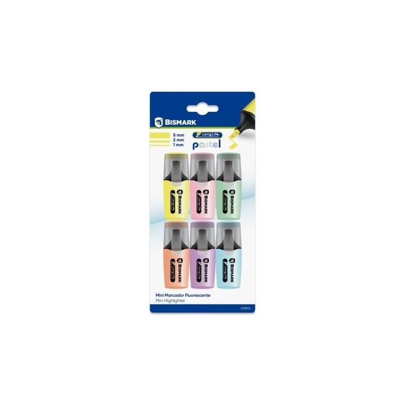 bismark-long-life-pack-de-6-mini-marcadores-fluorescentes-pastel-tinta-de-secado-rapido-punta-biselada-ideal-para