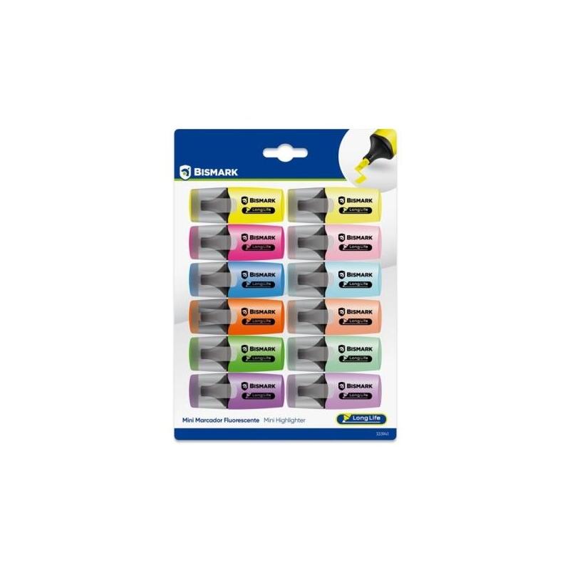 bismark-long-life-pack-de-12-mini-marcadores-fluorescentes-6x-neon-y-6x-pastel-tinta-de-secado-rapido-punta
