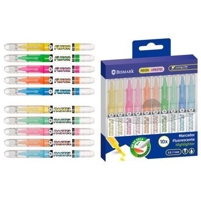 bismark-long-life-pack-de-10-marcadores-fluorescentes-5x-neon-y-5x-pastel-tinta-liquida-punta-biselada-ideal