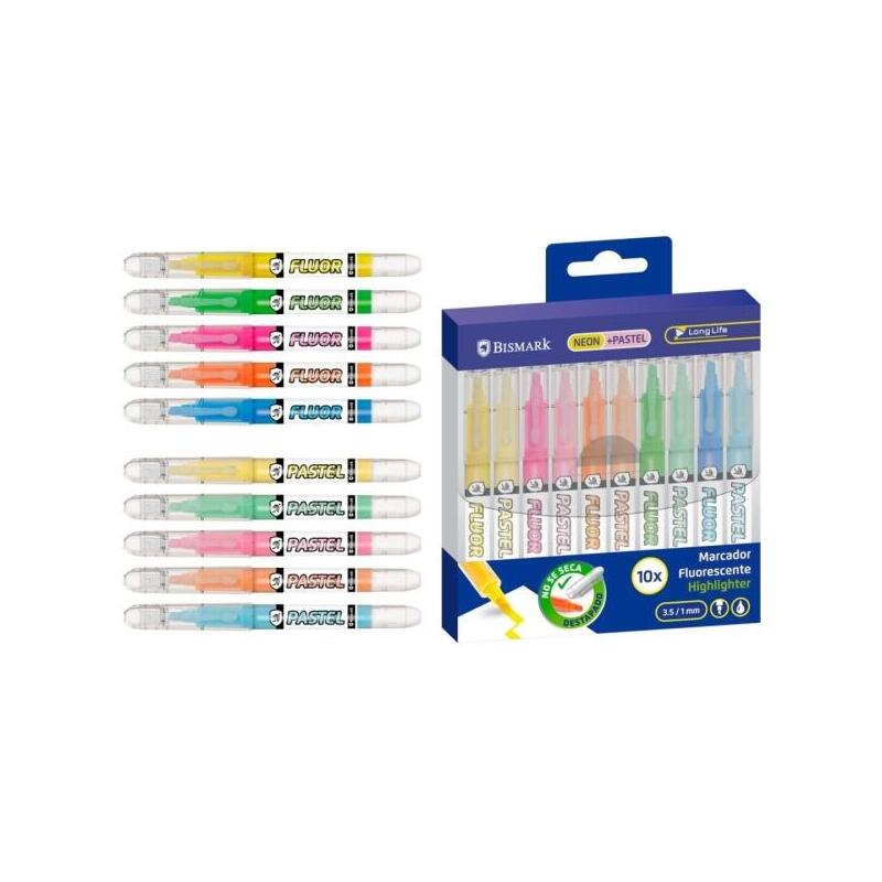 bismark-long-life-pack-de-10-marcadores-fluorescentes-5x-neon-y-5x-pastel-tinta-liquida-punta-biselada-ideal