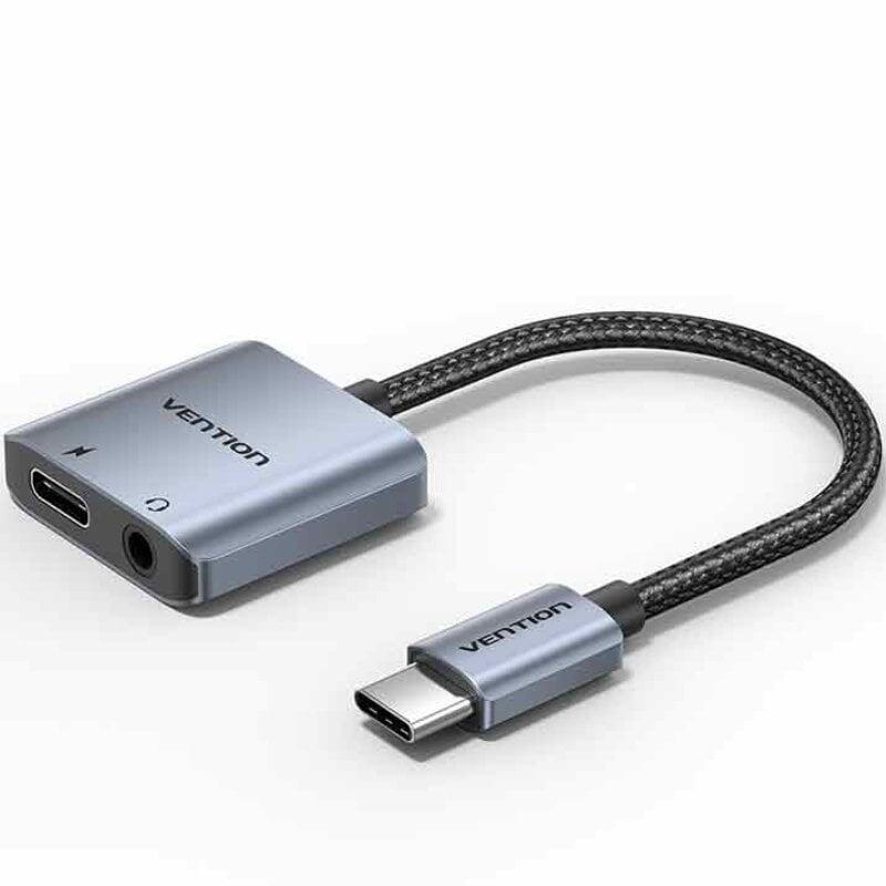 adaptador-audio-vention-bigha-usb-tipo-c-macho-jack-35-hembra-usb-tipo-c-pd-hembra-gris
