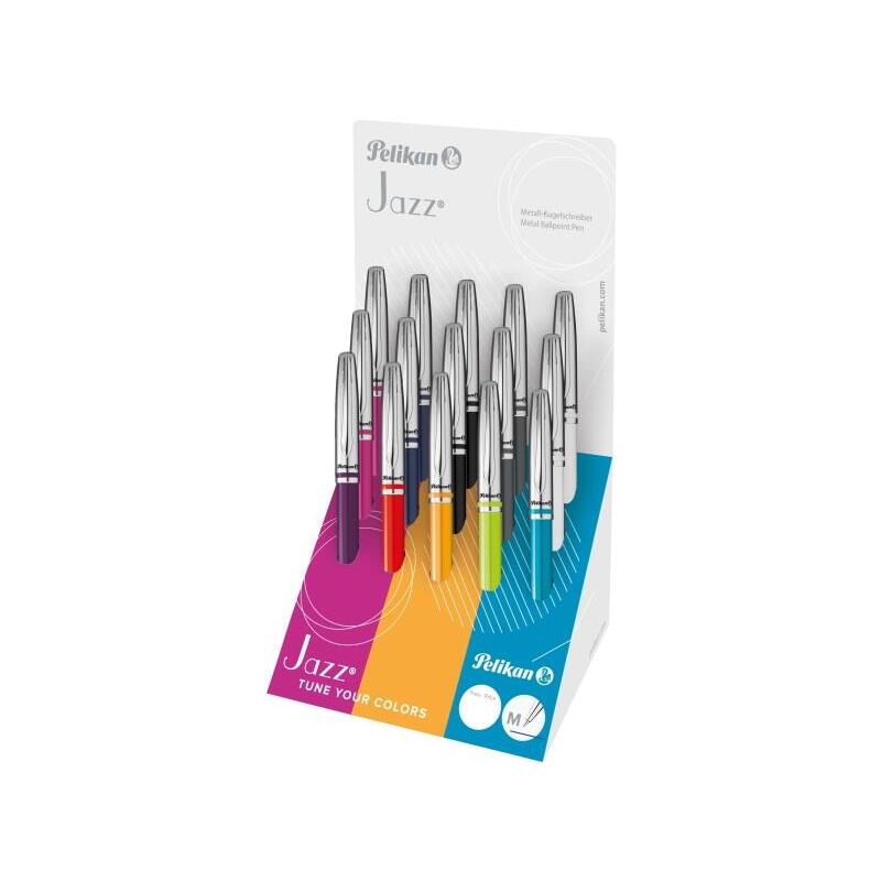 pelikan-jazz-classic-expositor-con-15-boligrafos-retractiles-trazo-de-1mm-mecanismo-de-giro-capuchon-y-clip