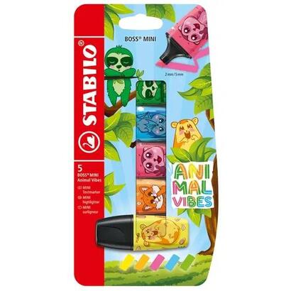 stabilo-boss-mini-animal-vibes-pack-de-5-mini-marcadores-fluorescentes-trazo-entre-2-y-5mm-tinta-con-base-de-agua-