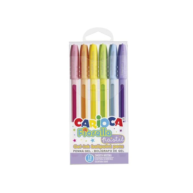 carioca-fiorella-pack-de-6-boligrafos-de-colores-tinta-gel-punta-de-bola-1mm-cuerpo-transparente-pastel-colores