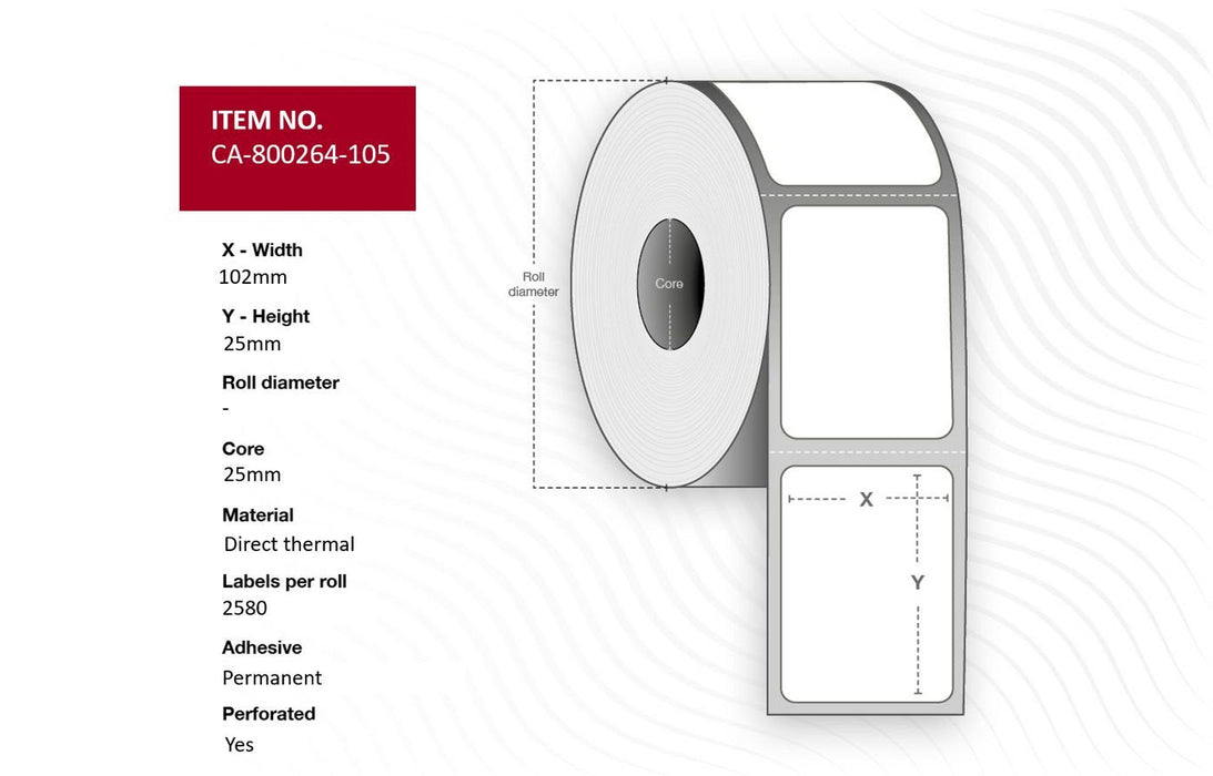 Label 102 X 25mm, Core 25mm,  Direct Thermal, Coated,