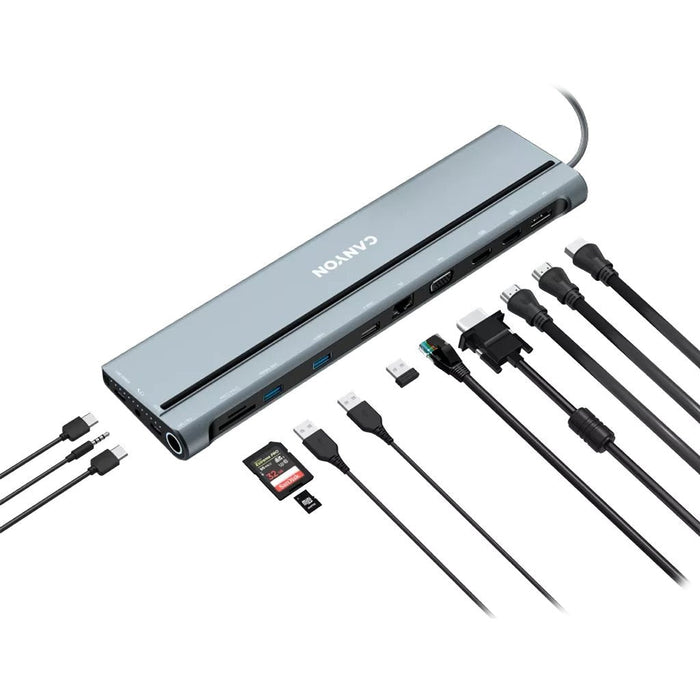 Docking Usb Tipo-C Canyon Cns-Hds90 1xvga 2xhdmi 1xdisplayport 3xusb 1xrj45 1xaudio 1xusb Tipo-C 1xusb Tipo-C Pd 1xlector Tarjetas