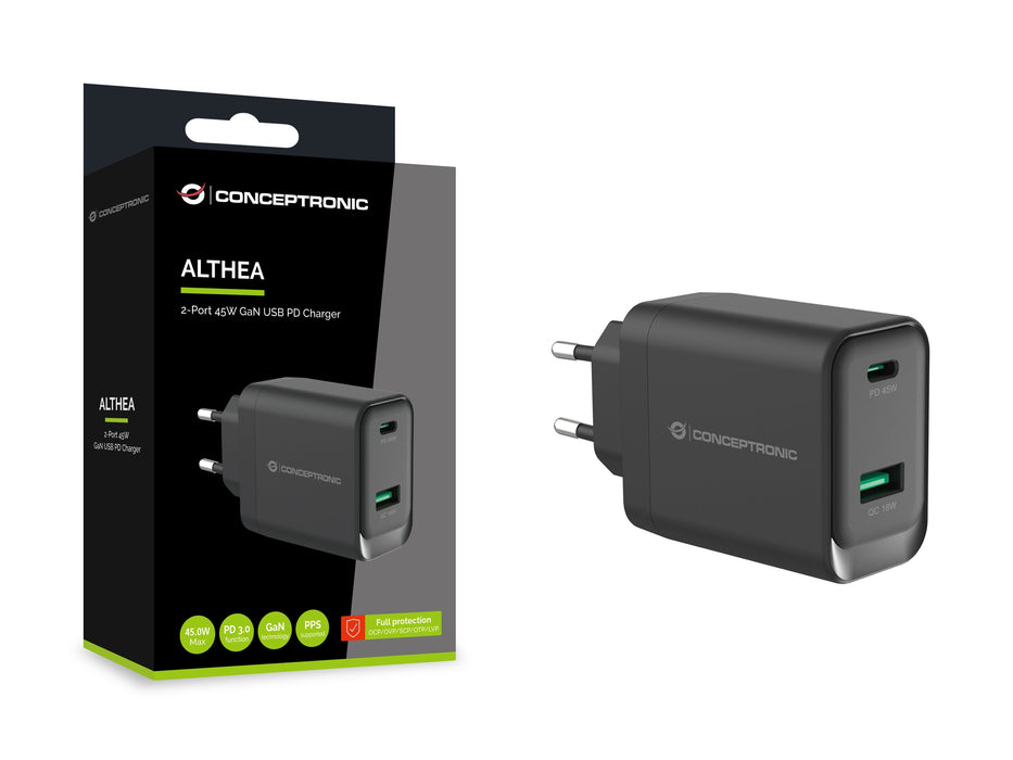 Cargador Conceptronic 2port Gan Usb-C -A 45wpd3.0 Pps Sw