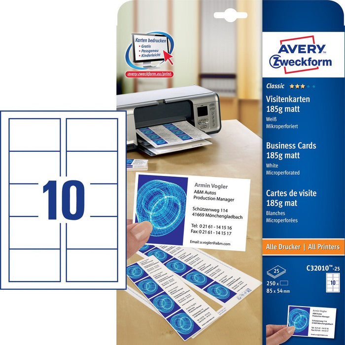 Avery Zweckform Visitenkarten C32010-25 Mate Blanco 200 G Qm, 250 Unidades