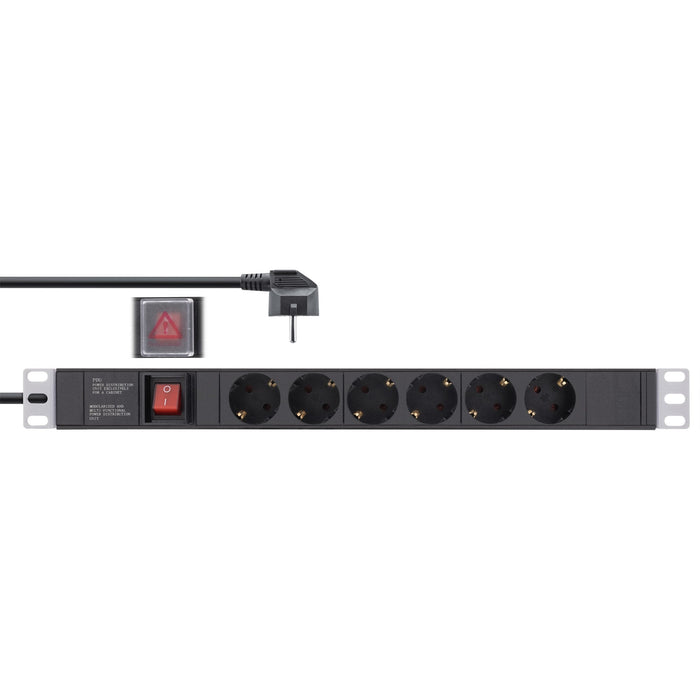 Regleta Inline De 19", Contacto De Protección De 6 Contactos, Con Interruptor, 2 M, Negro