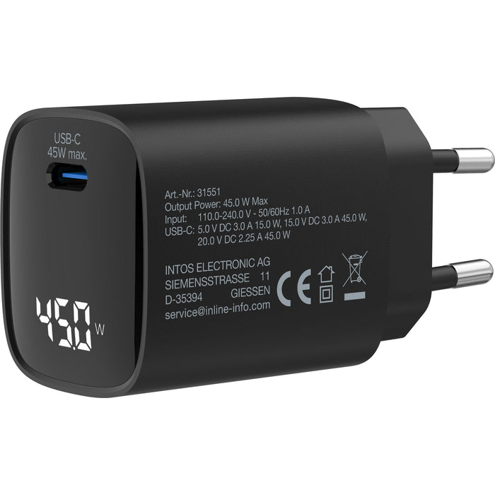 Inline® Usb Pd Power Supply, Gan Charger, 1-Port, Usb-C, 45w, With Display