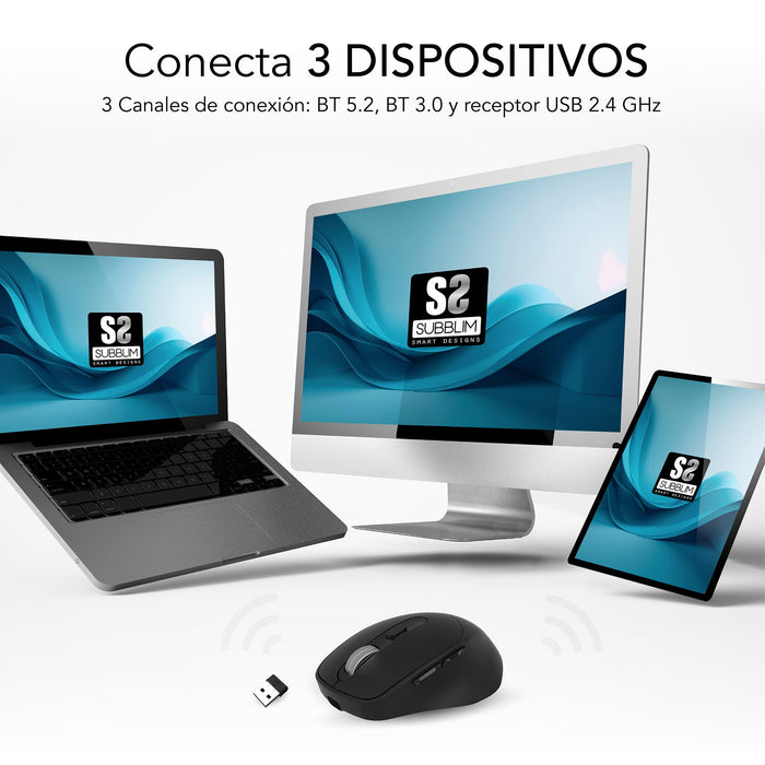 EAN 8436586743017 - SUBBLIM RATON OPTICO DUAL COMFORT ERGO DUAL BATERIA NEGRO ratón Universal mano derecha Bluetooth + USB Ty imagen 3