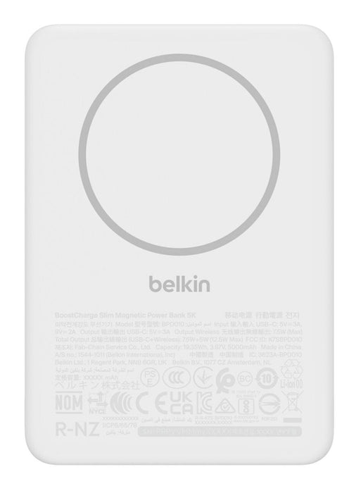 Cargador Inalámbrico Belkin  Delgado 5000 Mah 15 Vatios Fast Charge 2 Conectores De Salida (Magnética Usb-C) En El Cable: Usb-C Blanco