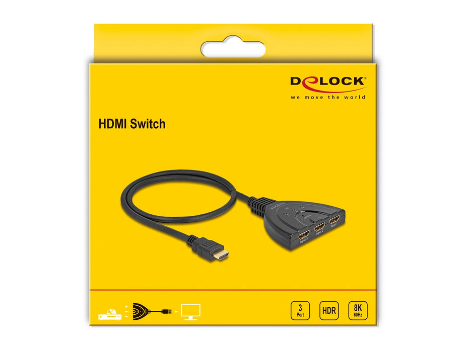 Delock 18649 Switch Hdmi 3 X Entrada Hdmi A 1 X Salida Hdmi 8k 60 Hz Con Cable Integrado De 60 Cm