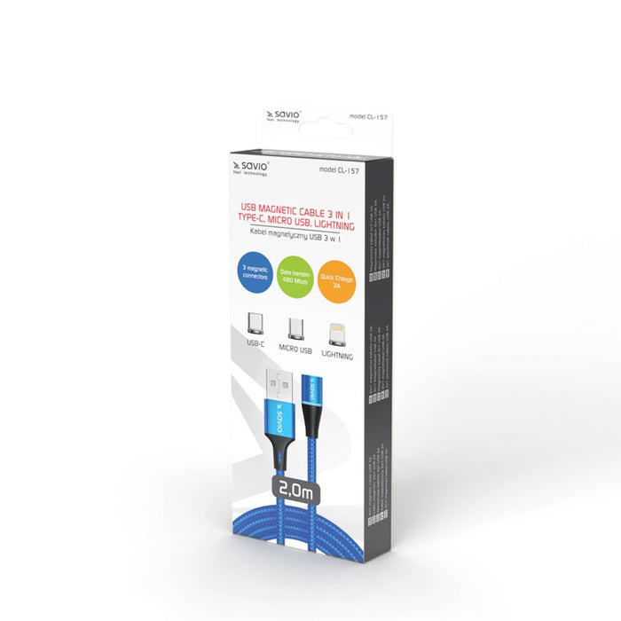 EAN 5901986046752 - Savio CL-157 cable USB USB 2.0 2 m USB A USB C/Micro-USB B/Lightning Azul imagen 2