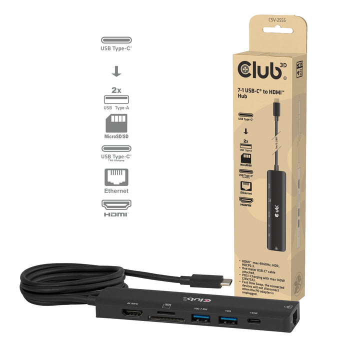Club3d Usb-C 7in1-Hub >Hdmi 2xusb Usb-C Lan 4k60hz Pd140w Retail