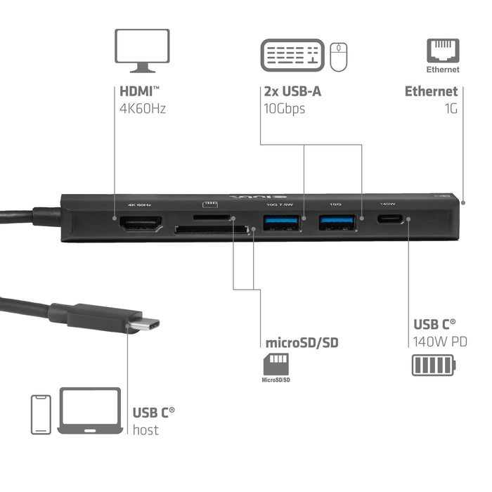 Club3d Usb-C 7in1-Hub >Hdmi 2xusb Usb-C Lan 4k60hz Pd140w Retail