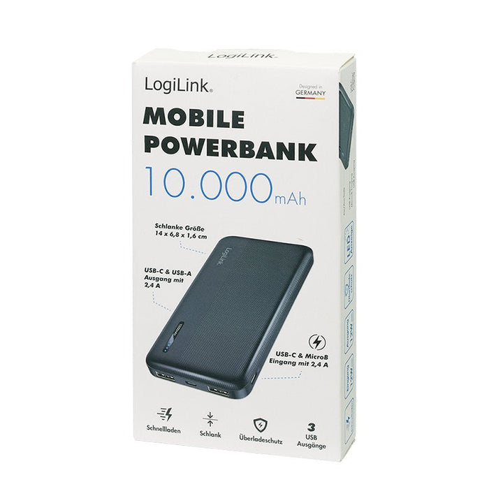 Power Bank Logilink Mobile , Lipo, 10.000 Mah, Usb-C In Out, Negro