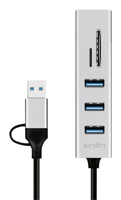 Hub Usb 3.0, 3 Puertos Usb-A, Ranura Sd/Microsd, Cable De Conexión 2 En 1, 5 Gbit/S, Plateado