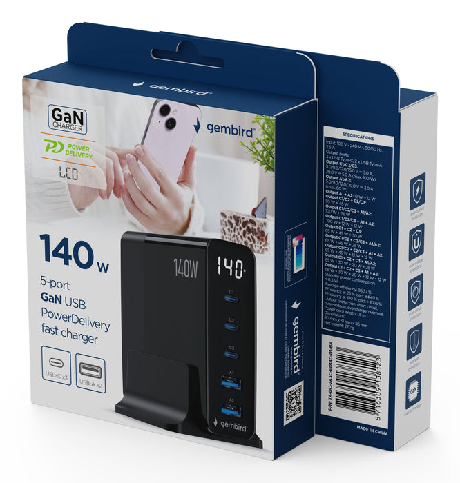 Gembird 5-Port 140 W Gan Usb Fast Charger Black