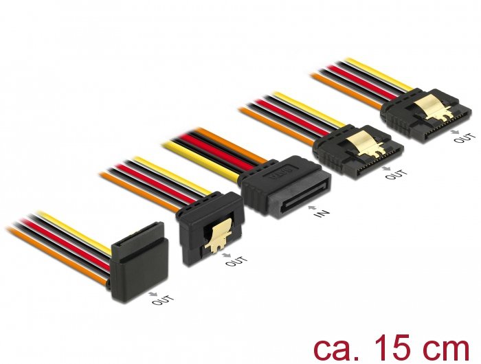 Delock Cable Sata 15 Pin Strom Stecker Mit Einrastfunktion > Sata 15 Pin Strom Buchse 2 X Gerade   1 X Unten   1 X Oben 15 Cm