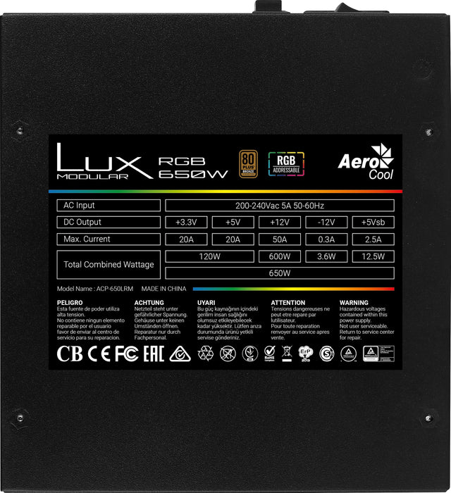Fuente De Alimentacion Aerocool Lux Rgb 650m, 650 W, 220 - 240 V, 50 - 60 Hz, 94%, 5 A, 120 W