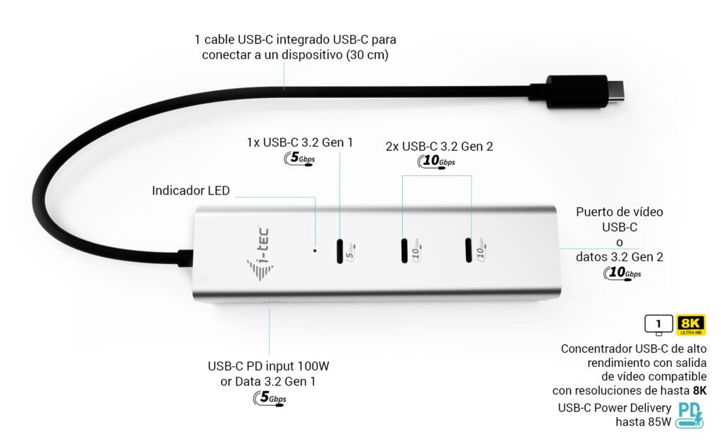 EAN 8595611707346 - i-tec Metal C31HUBMETAL8KPDPRO hub de interfaz USB Tipo C 10000 Mbit/s Plata imagen 12