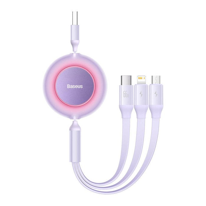 Bright Mirror 2 Series Retractable 3-In-1 Fast Charging Data Cable Usb To M+L+C 66w 1.1m Purple