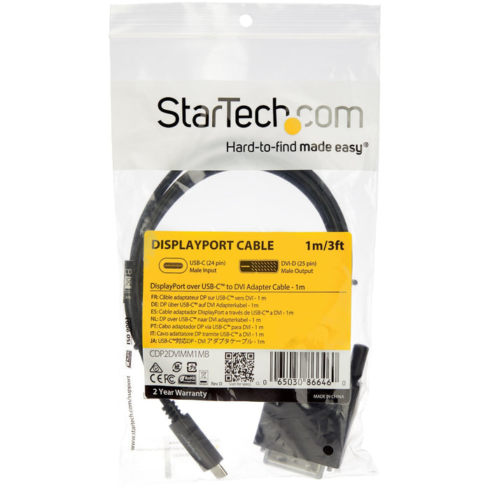 Startech.Com Cable Adaptador Conversor Usb-C A Dvi 1m 1920x1200 Cable Usb / Dvi Usb-C (M) A Dvi-D (M) Thunderbolt 3 / Usb 3.1 1 M Admite 1920x1200 (Wuxga) Negro Para P/N: Tb4cdock