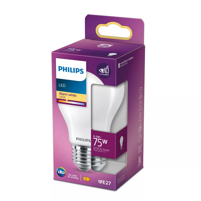Philips Filament-Lámpara, Milchglas, 75w A60 E27, 8,5 W, 75 W, E27, 1055 Lm, 15000 H, Blanco Cálido