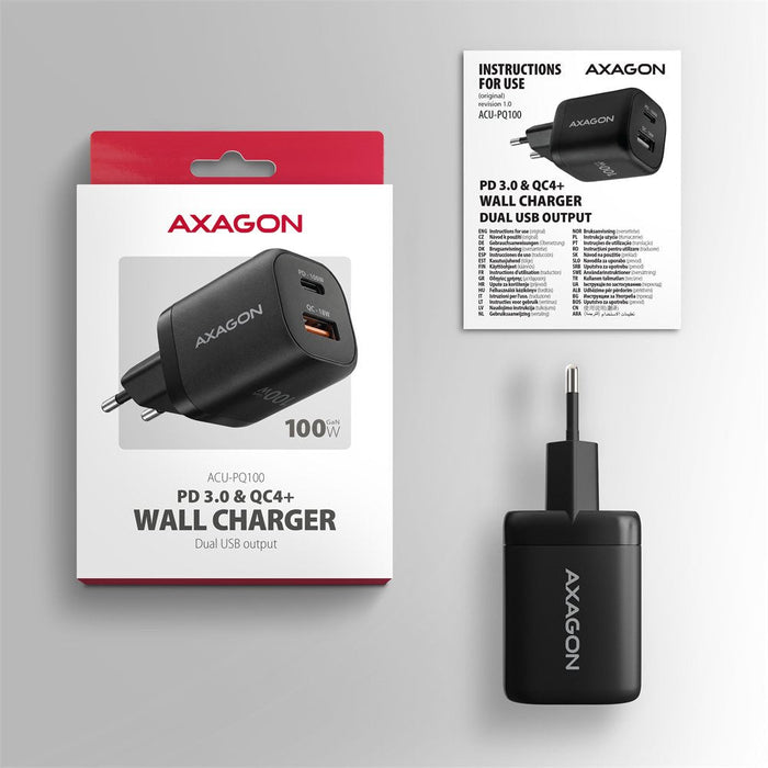 Acu-Pq100 Cargador De Red Gan 100w, 2x Port (Usb-C + Usb-A), Pd3.0/Pps/Qc4+, Mini, Negra