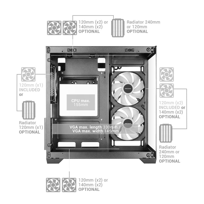 Caja Pc Micro Atx Mars Gaming Mc-View3w Gpu Max 330mm Cristal Templado Panoramico Argb Usb-C Blanca
