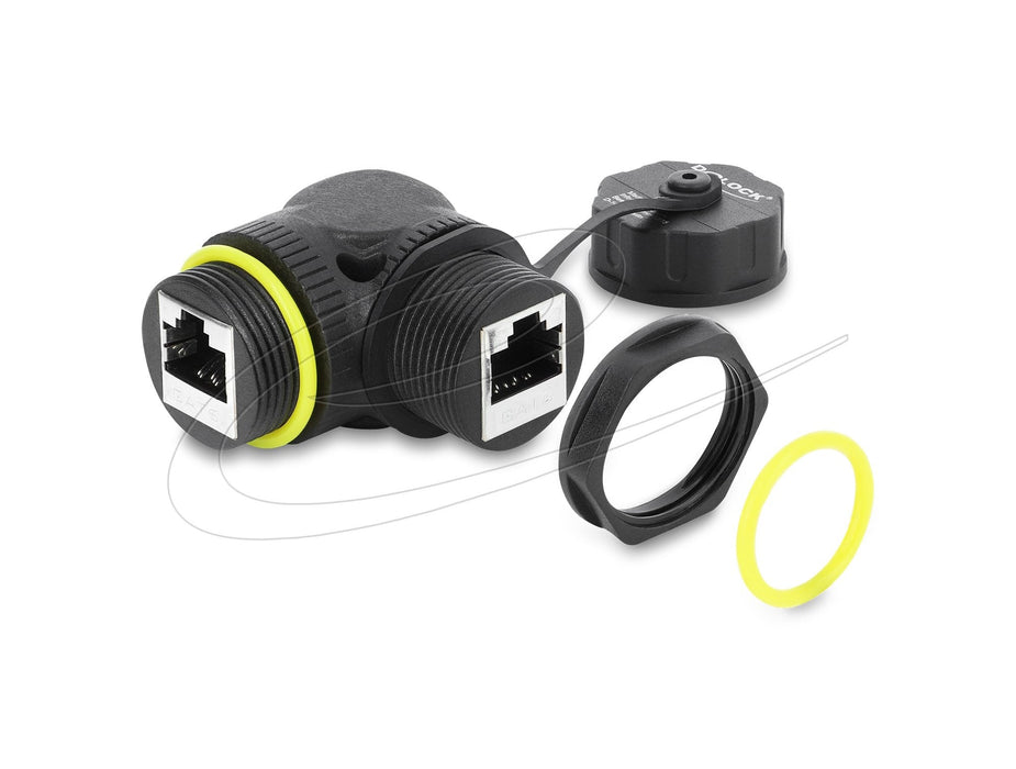 Delock Cableverbinder Rj45 Buchse Zu Rj45 Buchse Cat.6 Mit M23 X 1,5 Mm Gewinde Und Verschlusskappe 90° Gewinkelt Ip68 Schwarz
