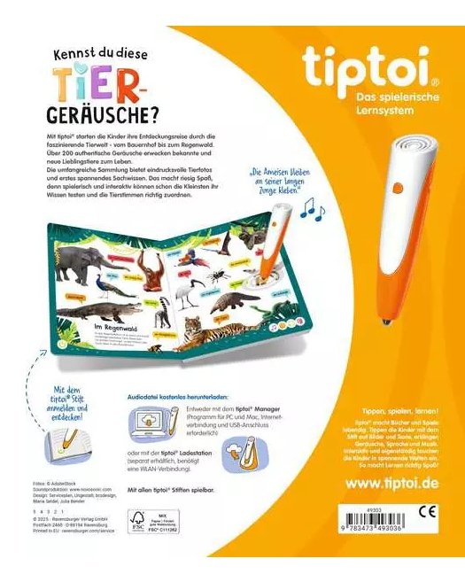 Ravensburger Tiptoi ¿Conoces Estos Ruidos De Animales?, Libro De Aprendizaje 49303