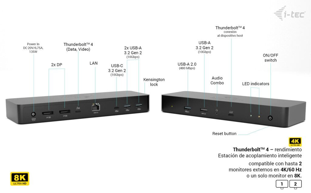 I-Tec Thunderbolt 4 Intelligent Dual Display Ds 1x Tb4 2x Dp 1x Glan 1x Usb-C Gen2 3x Usb-A Gen2 1x Usb 2.0 1x Audio Mic Pd 90w Kl