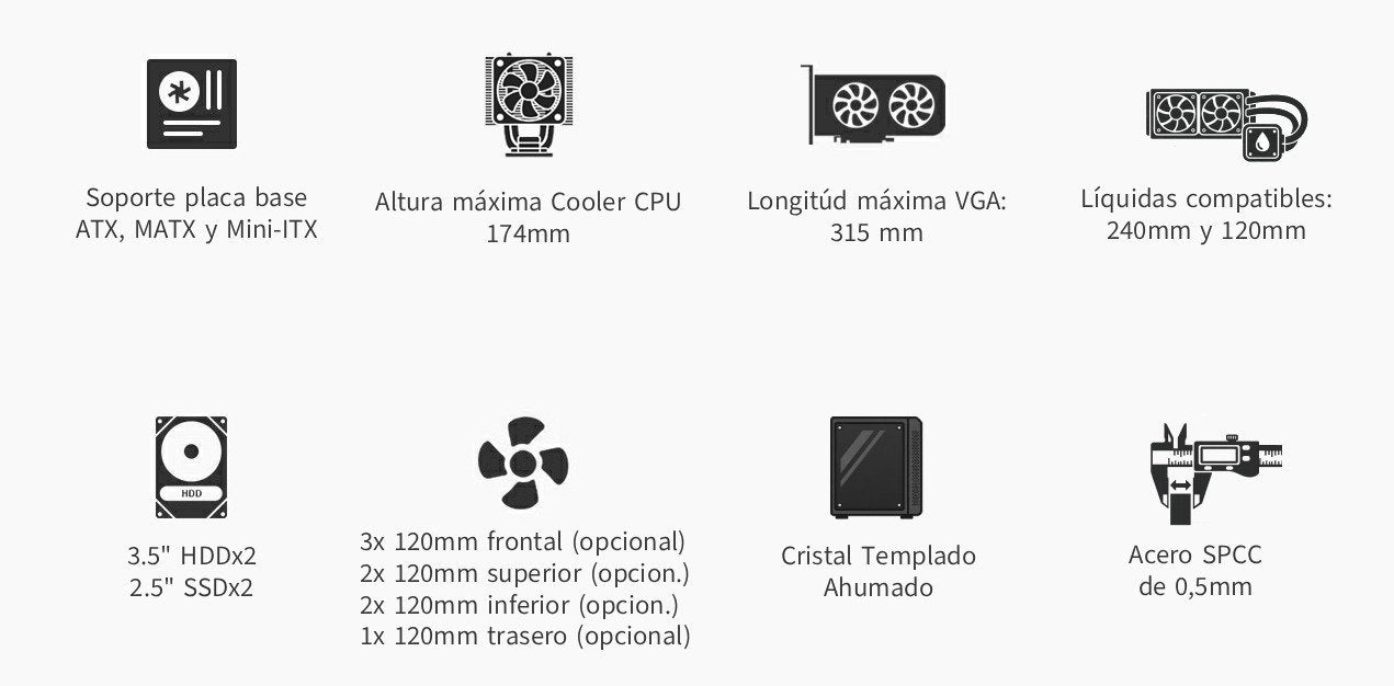 Coolbox Caja Atx Ga700 Darkside Gpu Max 315mm Cristal Templado Liquida 240mm Usb-C Negra