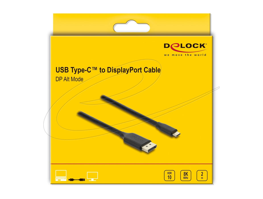 Delock Usb Type-C Zu Displayport Cable (Dp Alt Mode) 8k 60 Hz Mit Hdr Funktion 2 M Schwarz