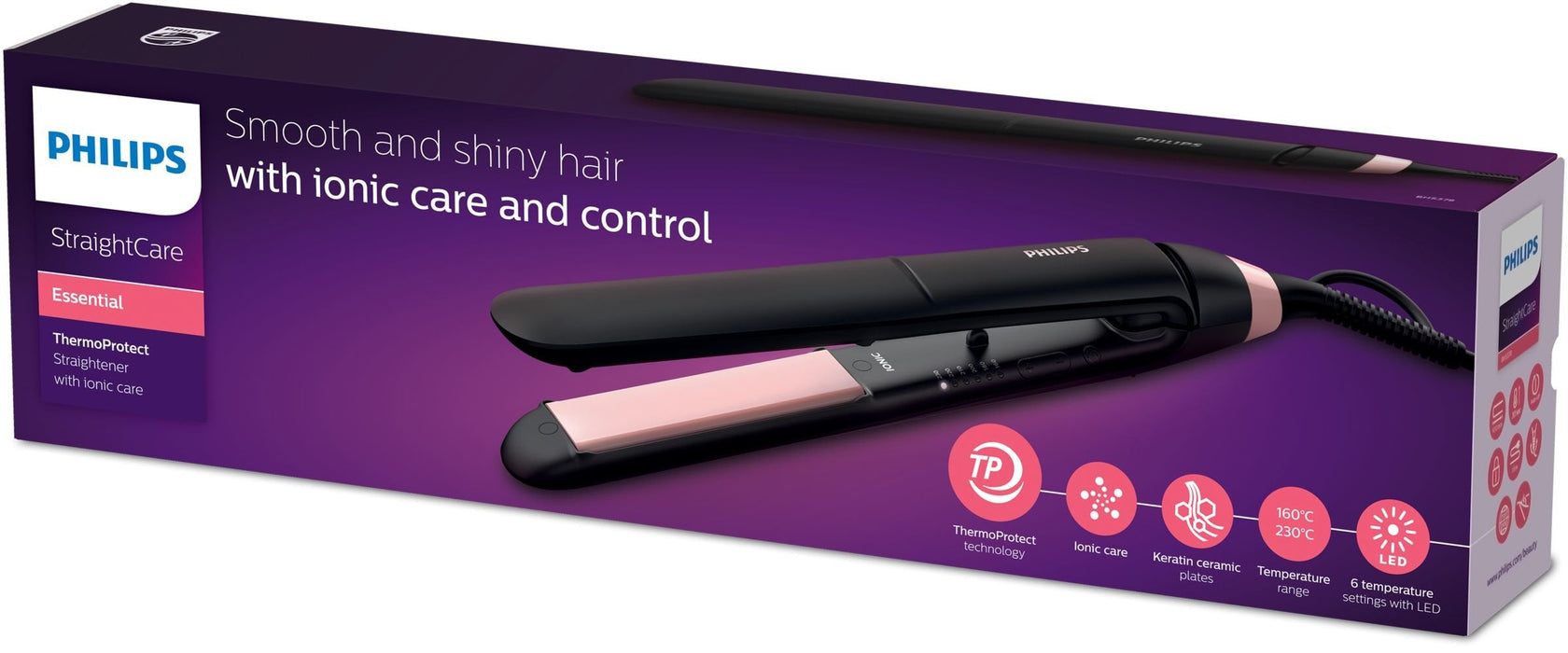 EAN 8710103888475 - Philips Essential BHS378/00 Utensilio de peinado Cepillo alisador Caliente Negro, Rosa 1,8 m imagen 4