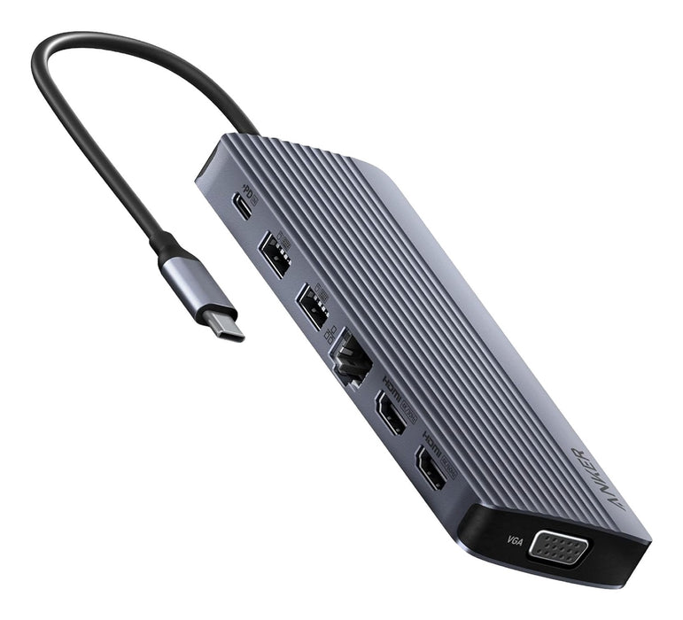 Anker Usb-C Hub (14-In-1) Triple Display 1 X Vga 2 X Hdmi 1 X Ehternet 1 X Usb-C Pd-In (100w) 1 X Usb-C 1 X Usb-A 1 X Micro Sd 1 X Audio Gray