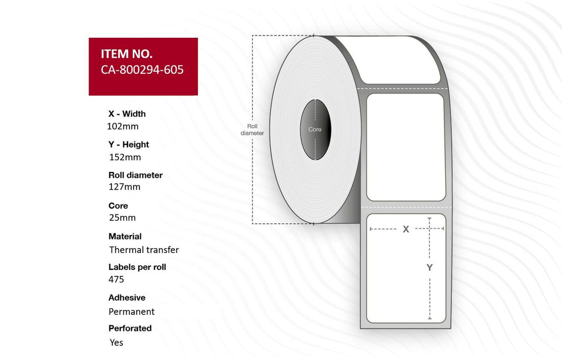 Label 102 X 152mm, Core 25mm,  Thermal Transfer, Uncoated,