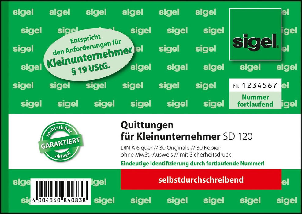 Sigel Recibo Para Kleinunternehmer Sin Mwst.-Ausweis Formularbuch Sd120 1 Ud. - Material De Oficina - A6