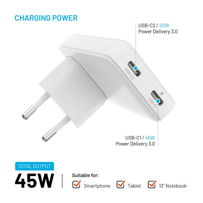 Fixed Slim Traveller 2xusb-C Travel Charger With World Adapters, Gan, 45w, White