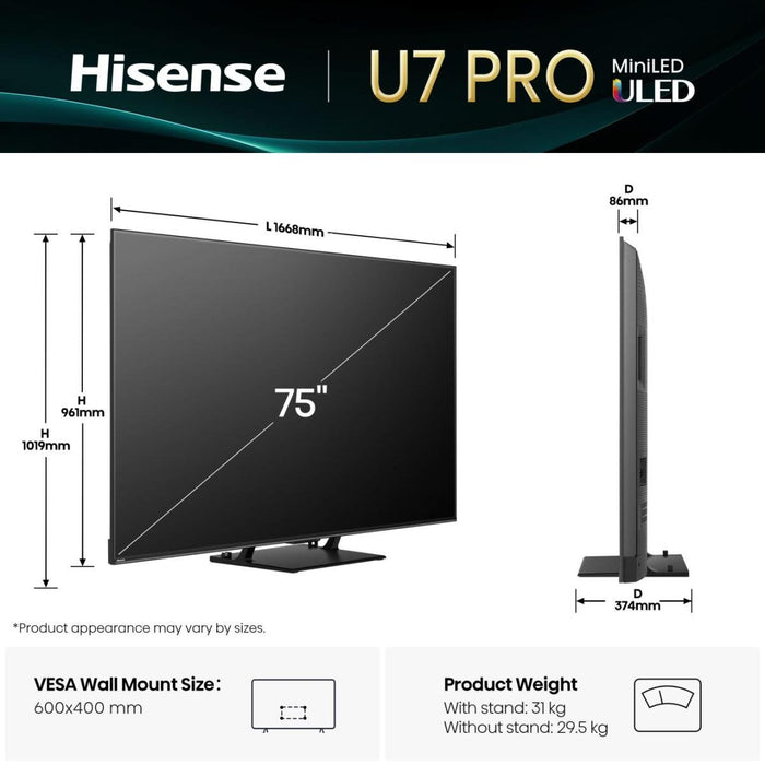 EAN 6942351417462 - Hisense U7Q PRO 75U7Q PRO 190,5 cm (75") 4K Ultra HD Smart TV Wifi Negro 500 cd / m² imagen 2