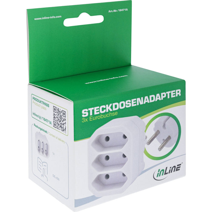 Inline® Power Adapter, Earthing Contact Plug A 3x Euro Socket, White