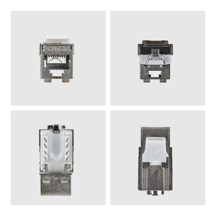 Startech.Com Geschirmtes Cat6a Keystone Jack Módulo, Pack De 10 Rj45 Ethernet Conector Hembra, Stp Cat6a Wandbuchse, 90 Grad, Sin Herramientas, Acodado, Plateado, Rj-45, Conector Hembra, Conector Hembra, 10gbase-T